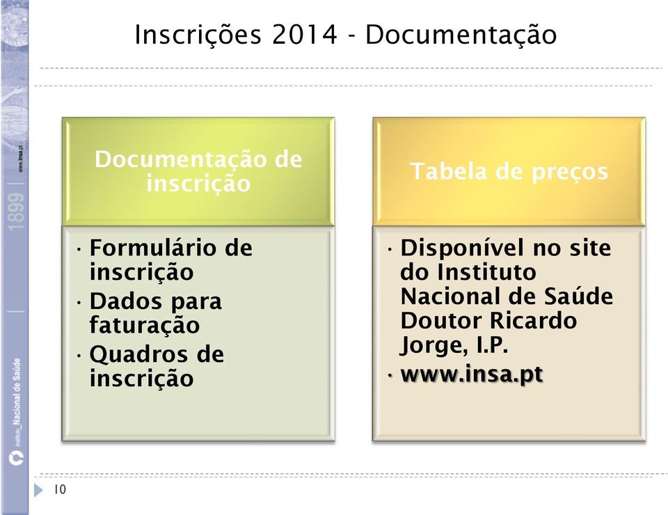 faturação Quadros de inscrição Disponível no site do