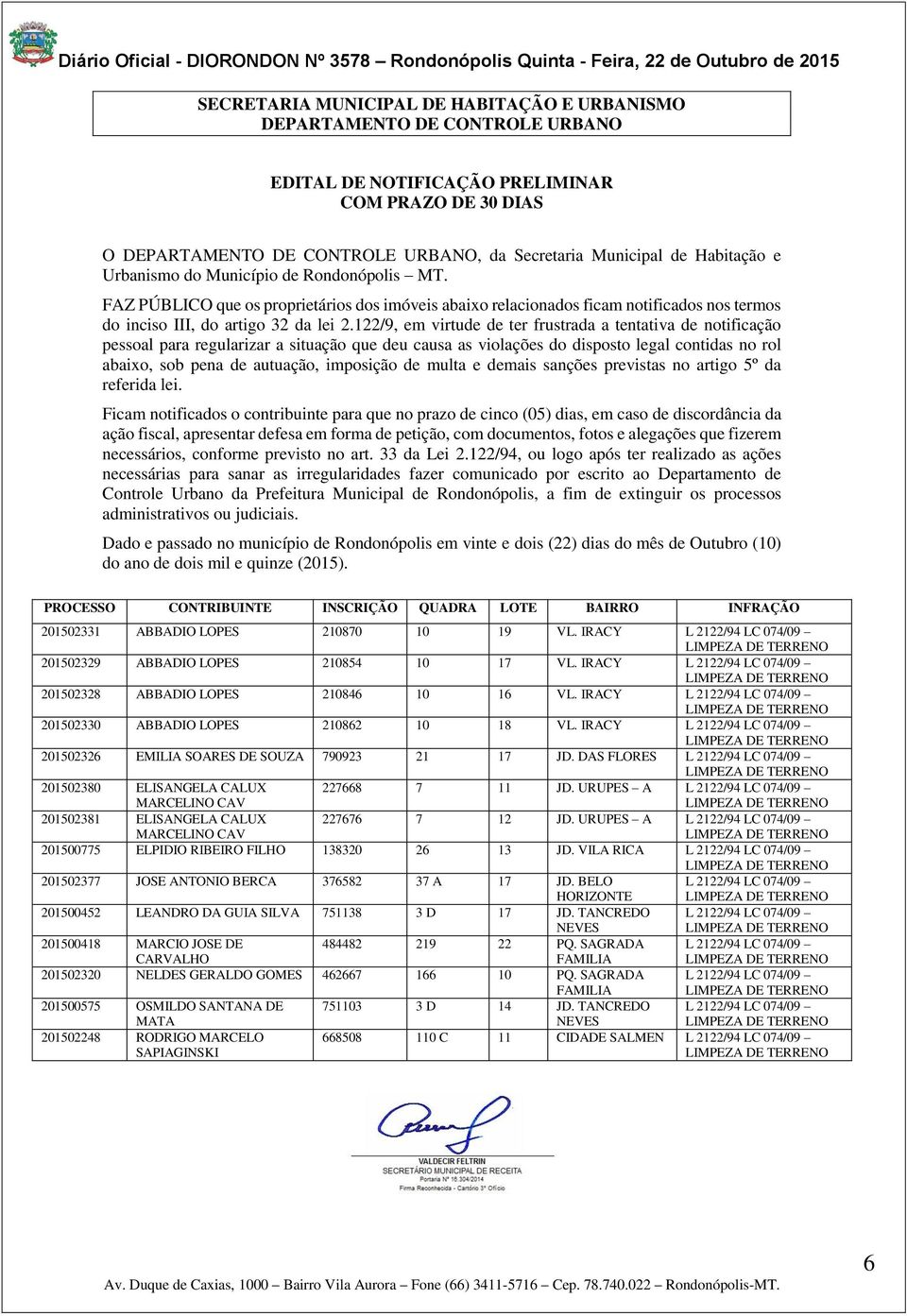 122/9, em virtude de ter frustrada a tentativa de notificação pessoal para regularizar a situação que deu causa as violações do disposto legal contidas no rol abaixo, sob pena de autuação, imposição