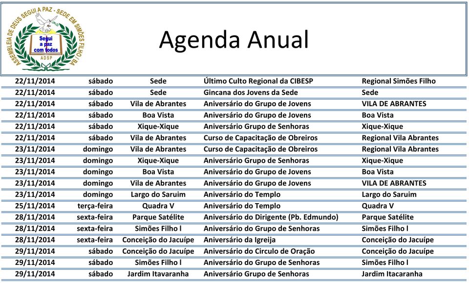 de Capacitação de Obreiros Regional Vila Abrantes 23/11/2014 domingo Vila de Abrantes Curso de Capacitação de Obreiros Regional Vila Abrantes 23/11/2014 domingo Xique-Xique Aniversário Grupo de