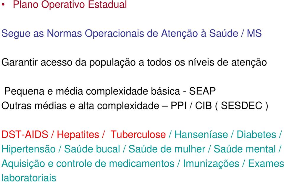 PPI / CIB ( SESDEC ) DST-AIDS / Hepatites / Tuberculose / Hanseníase / Diabetes / Hipertensão / Saúde bucal