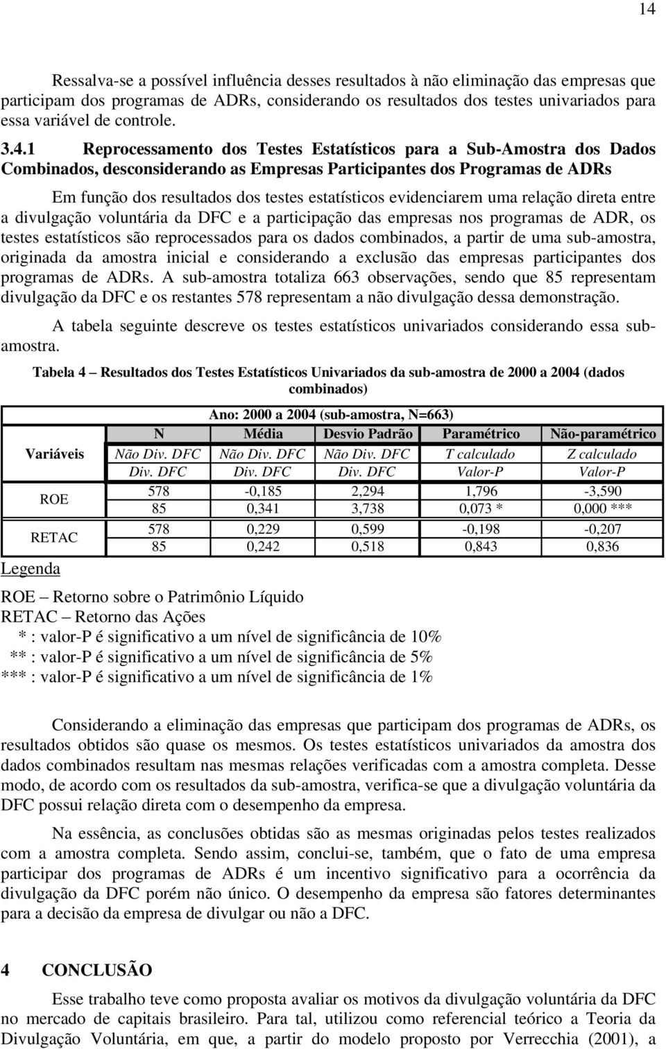 1 Reprocessamento dos Testes Estatísticos para a Sub-Amostra dos Dados Combinados, desconsiderando as Empresas Participantes dos Programas de ADRs Em função dos resultados dos testes estatísticos