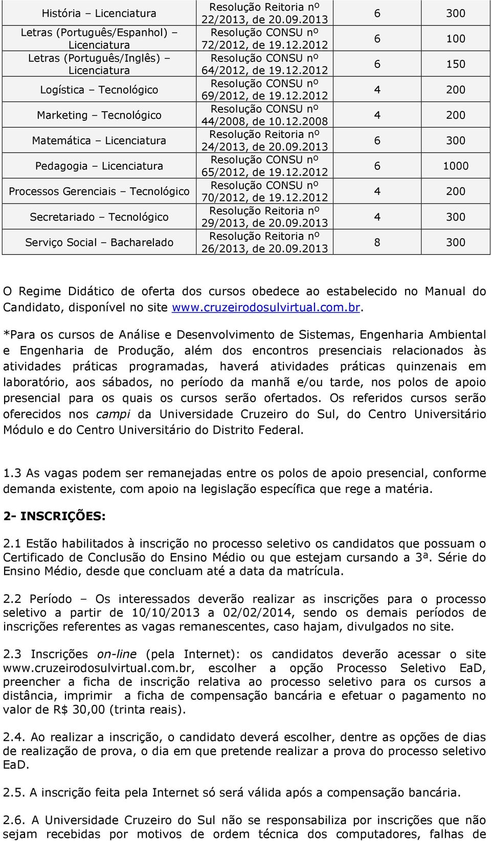 09.2013 65/2012, de 19.12.2012 70/2012, de 19.12.2012 29/2013, de 20.09.2013 26/2013, de 20.09.2013 6 100 6 150 6 1000 4 300 8 300 O Regime Didático de oferta dos cursos obedece ao estabelecido no Manual do Candidato, disponível no site www.