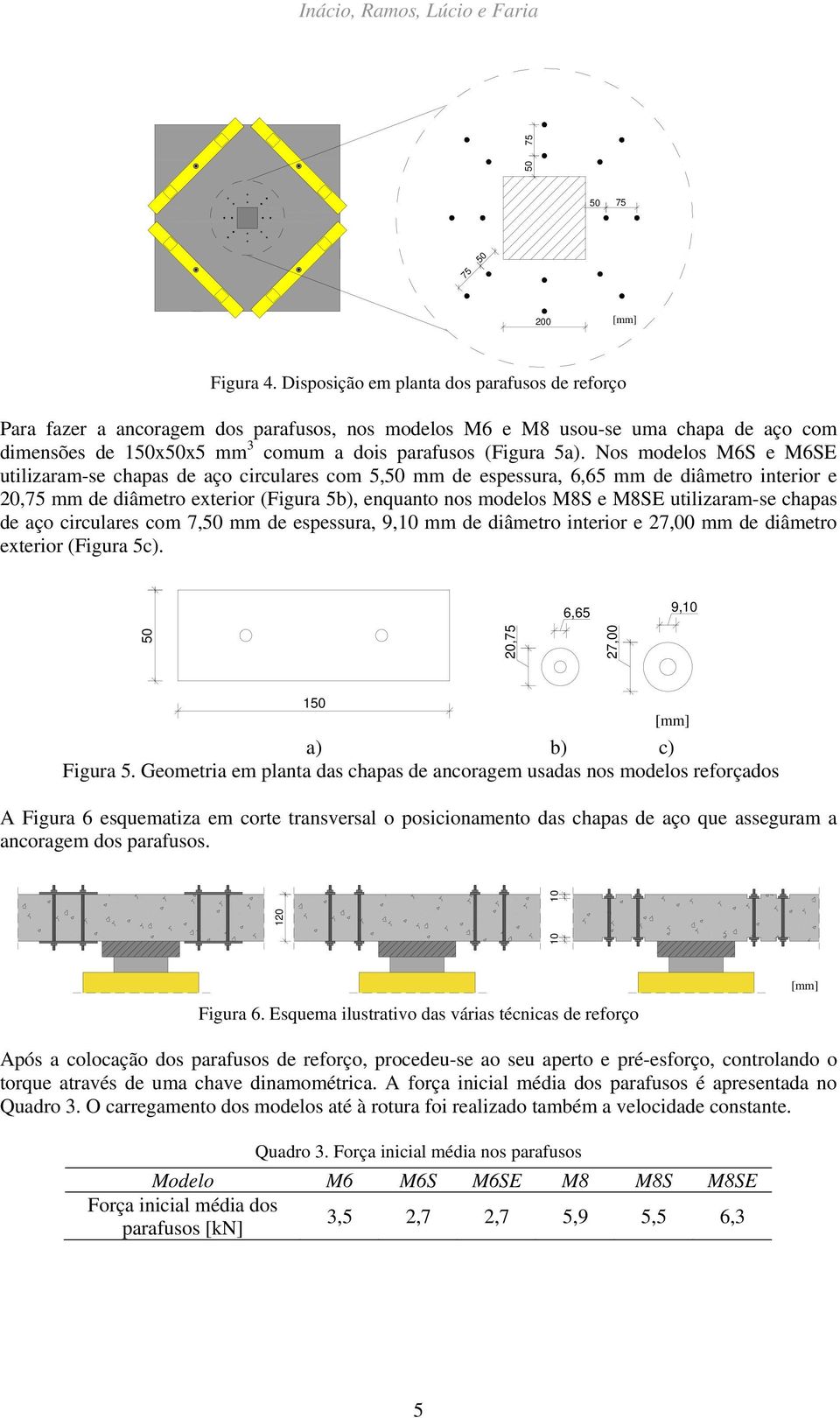 Nos modelos MS e MSE utilizaram-se chapas de aço circulares com 5,5 mm de espessura,,5 mm de diâmetro interior e,75 mm de diâmetro exterior (Figura 5b), enquanto nos modelos M8S e M8SE utilizaram-se