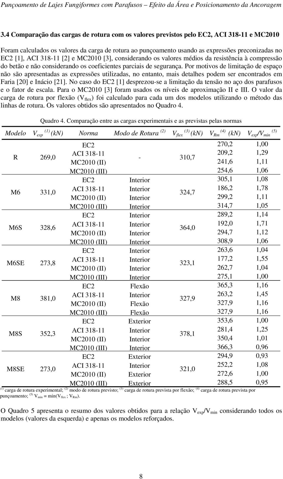 318-11 [] e MC1 [3], considerando os valores médios da resistência à compressão do betão e não considerando os coeficientes parciais de segurança.