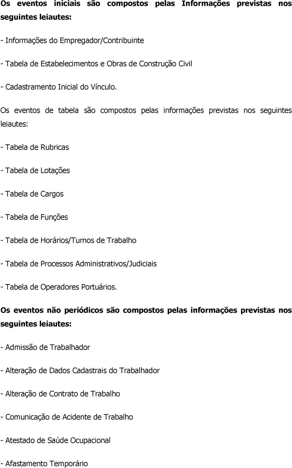 Os eventos de tabela são compostos pelas informações previstas nos seguintes leiautes: - Tabela de Rubricas - Tabela de Lotações - Tabela de Cargos - Tabela de Funções - Tabela de Horários/Turnos de