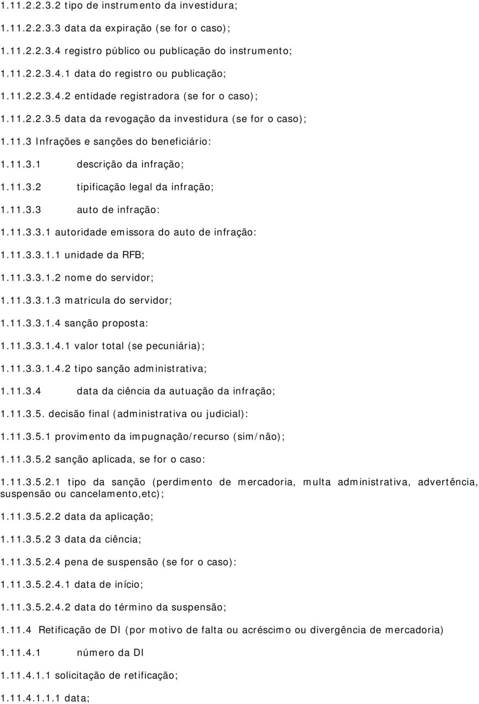 11.3.3 auto de infração: 1.11.3.3.1 autoridade emissora do auto de infração: 1.11.3.3.1.1 unidade da RFB; 1.11.3.3.1.2 nome do servidor; 1.11.3.3.1.3 matricula do servidor; 1.11.3.3.1.4 sanção proposta: 1.