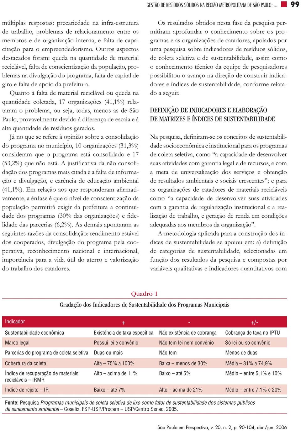 Outros aspectos destacados foram: queda na quantidade de material reciclável, falta de conscientização da população, problemas na divulgação do programa, falta de capital de giro e falta de apoio da