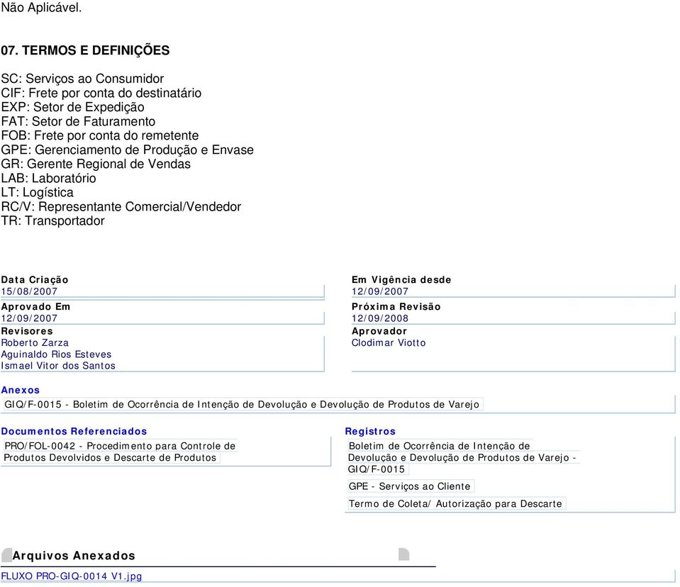 e Envase GR: Gerente Regional de Vendas LAB: Laboratório LT: Logística RC/V: Representante Comercial/Vendedor TR: Transportador Data Criação Em Vigência desde 15/08/2007 12/09/2007 Aprovado Em