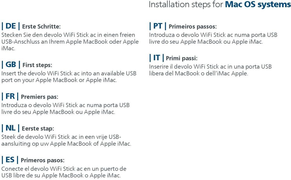 PT Primeiros passos: Introduza o devolo WiFi Stick ac numa porta USB livre do seu Apple MacBook ou Apple imac.