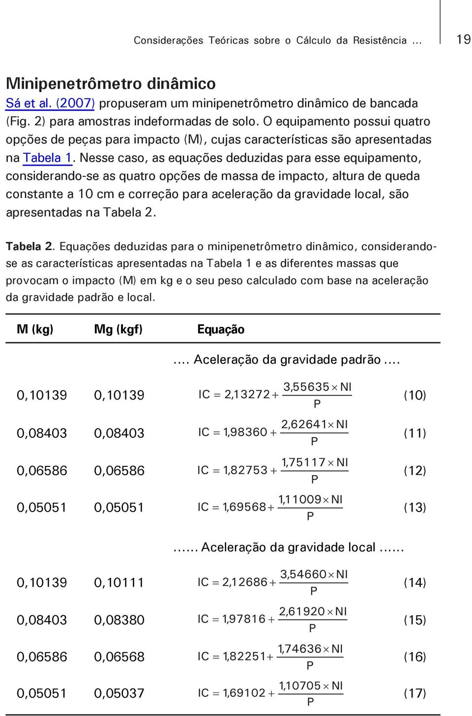 Nesse caso, as equações deduzidas para esse equipamento, considerando-se as quatro opções de massa de impacto, altura de queda constante a 10 cm e correção para aceleração da gravidade local, são