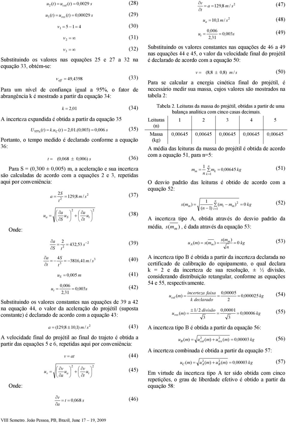 (0,00 0, 006 s (5 Porno, o epo edido é declrdo confore eqção 6: ( 0,068 0,006 s (6 Pr S = (0,00 ± 0,005, celerção e s incerez são clclds de cordo co eqções e, repeids qi por coneniênci: S 19,8 (7 S