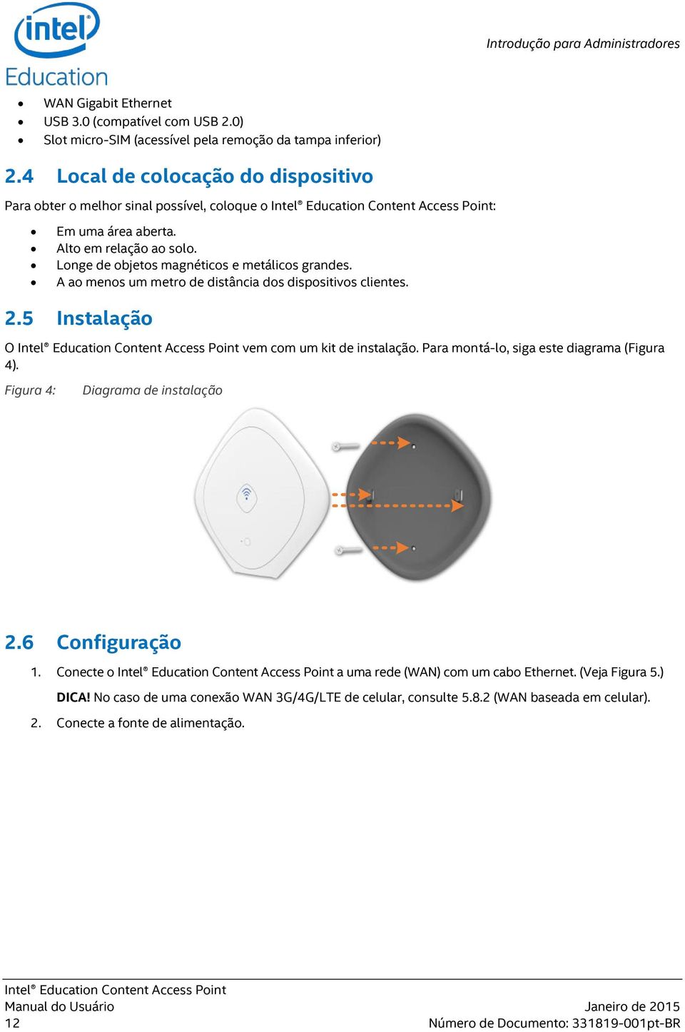 A ao menos um metro de distância dos dispositivos clientes. 2.5 Instalação O vem com um kit de instalação. Para montá-lo, siga este diagrama (Figura 4). Figura 4: Diagrama de instalação 2.