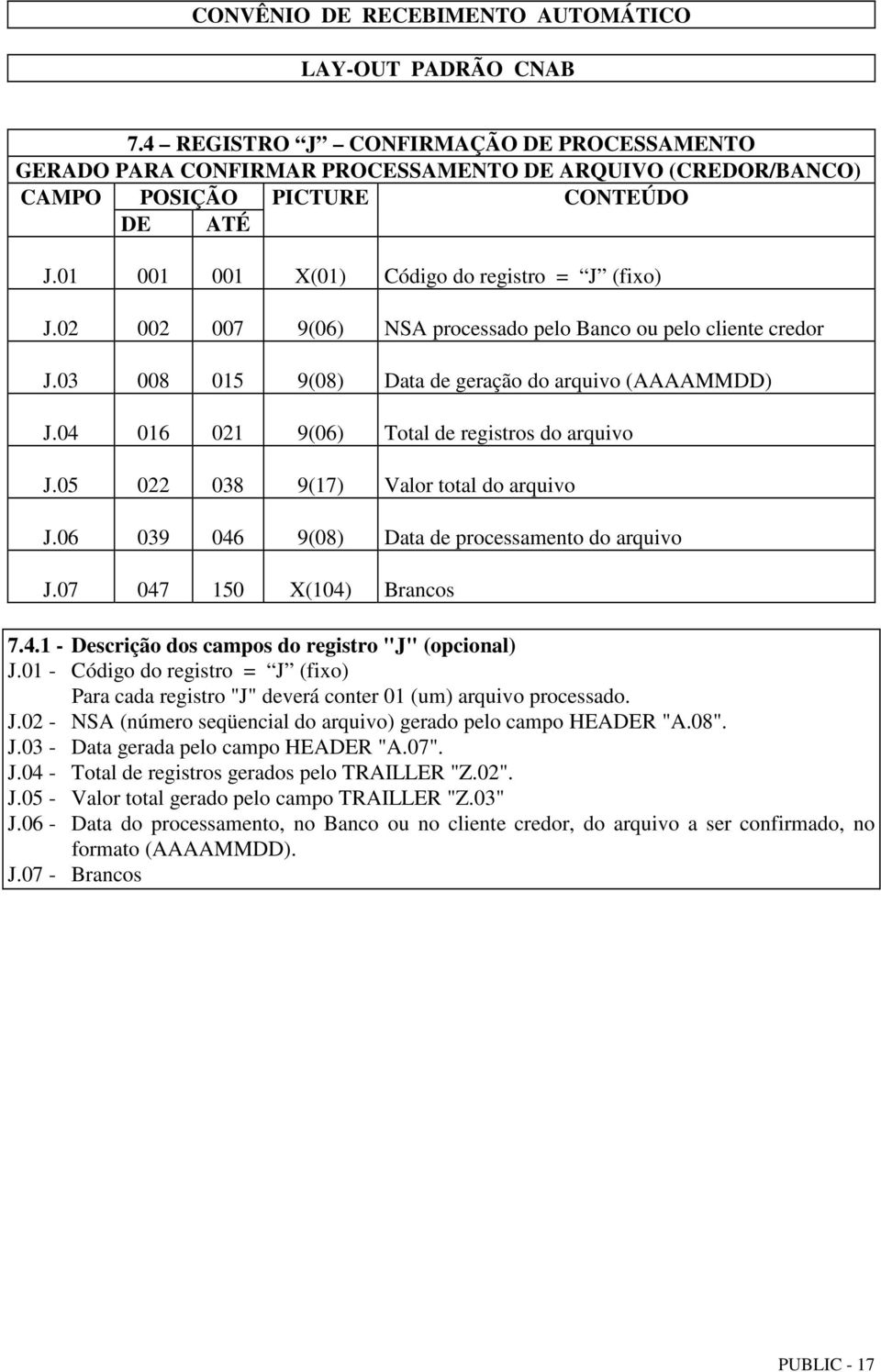 05 022 038 9(17) Valor total do arquivo J.06 039 046 9(08) Data de processamento do arquivo J.07 047 150 X(104) Brancos 7.4.1 - Descrição dos campos do registro "J" (opcional) J.