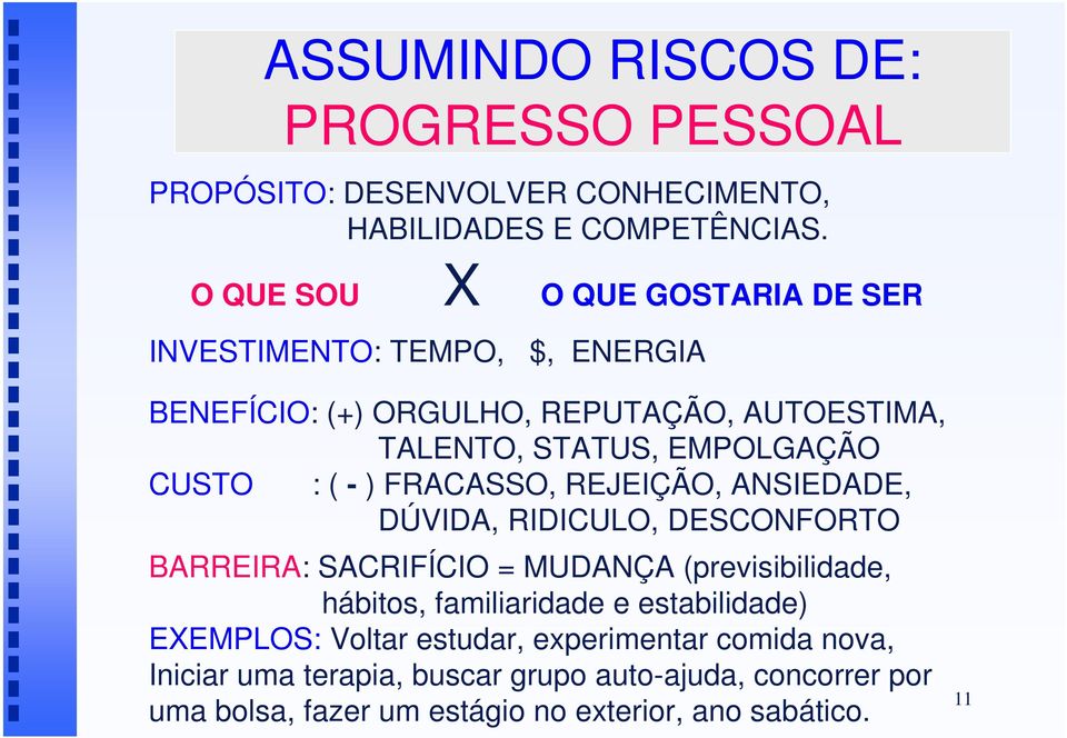 CUSTO : ( - ) FRACASSO, REJEIÇÃO, ANSIEDADE, DÚVIDA, RIDICULO, DESCONFORTO BARREIRA: SACRIFÍCIO = MUDANÇA (previsibilidade, hábitos,