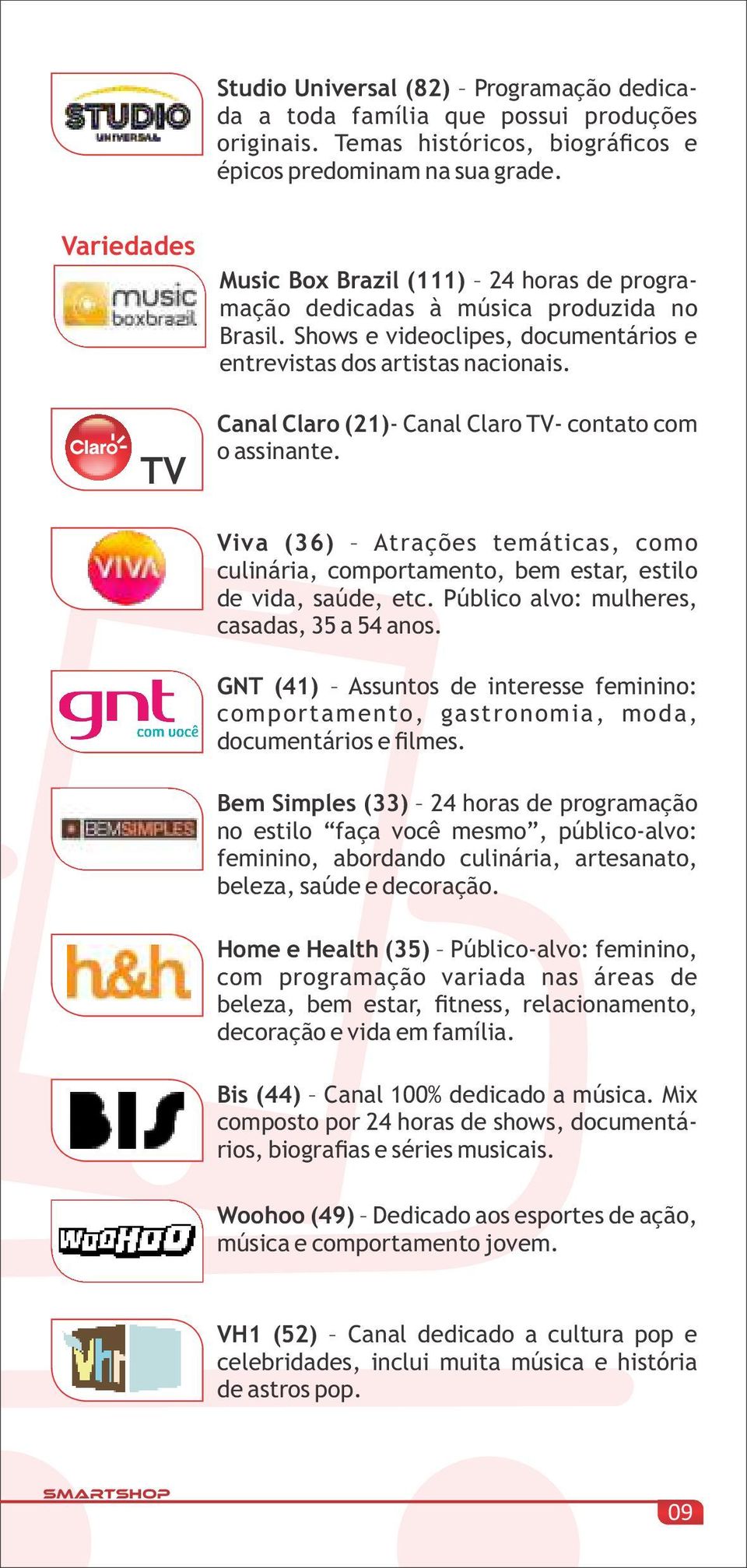Canal Claro (21)- Canal Claro TV- contato com o assinante. Viva (36) Atrações temáticas, como culinária, comportamento, bem estar, estilo de vida, saúde, etc.