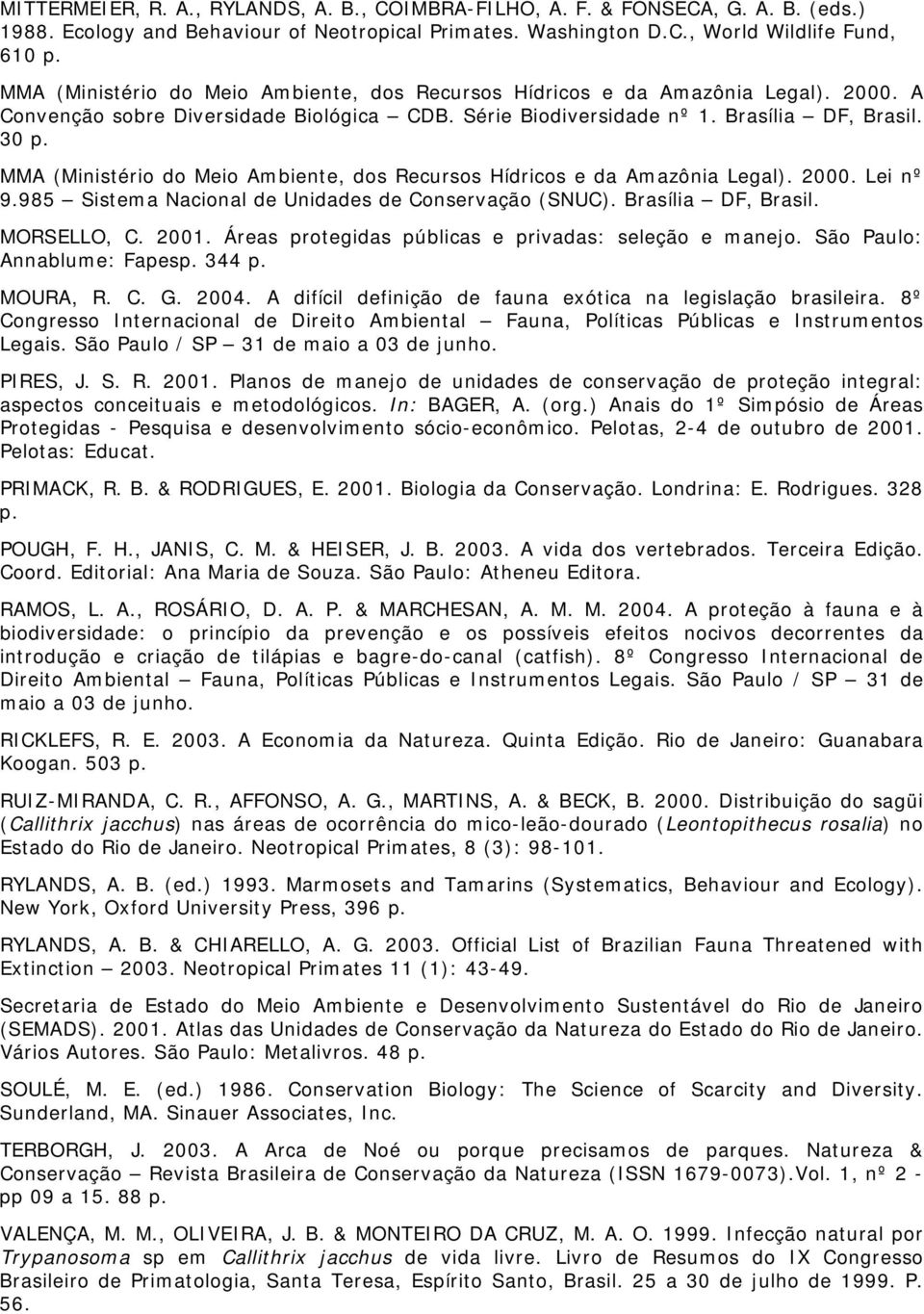 MMA (Ministério do Meio Ambiente, dos Recursos Hídricos e da Amazônia Legal). 2000. Lei nº 9.985 Sistema Nacional de Unidades de Conservação (SNUC). Brasília DF, Brasil. MORSELLO, C. 2001.