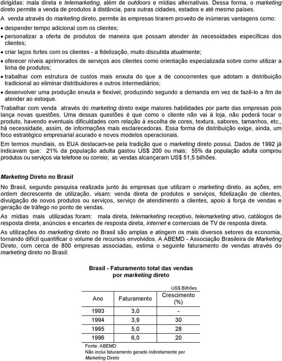 A venda através do marketing direto, permite às empresas tirarem proveito de inúmeras vantagens como: despender tempo adicional com os clientes; personalizar a oferta de produtos de maneira que