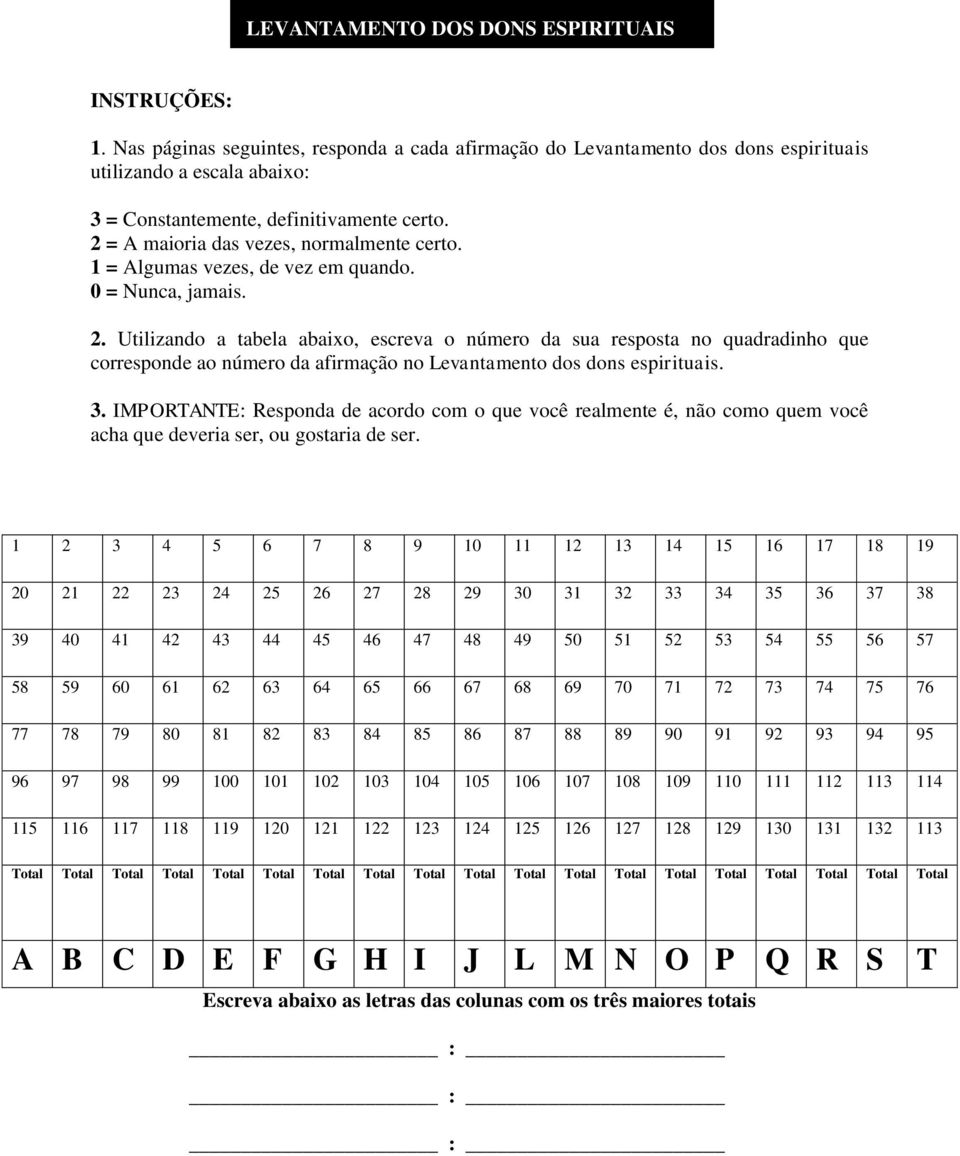 1 = Algumas vezes, de vez em quando. 0 = Nunca, jamais. 2.