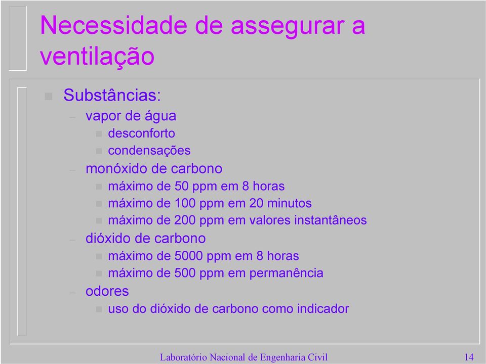 100 ppm em 20 minutos máximo de 200 ppm em valores instantâneos dióxido de carbono máximo de