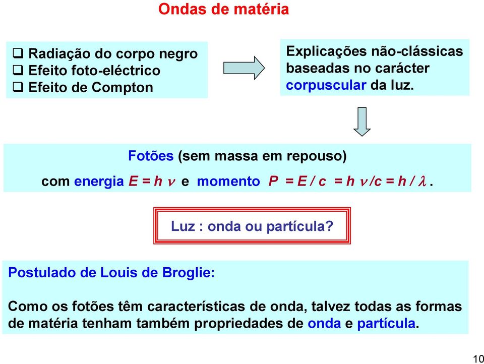Fotões (sem massa em repouso) com energia E = h e momento P = E / c = h /c = h /.