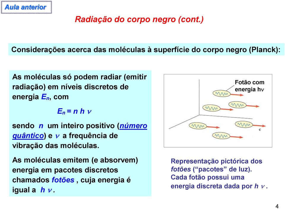 discretos de energia E n, com Fotão com energia h E n = n h sendo n um inteiro positivo (número quântico) e a frequência de vibração