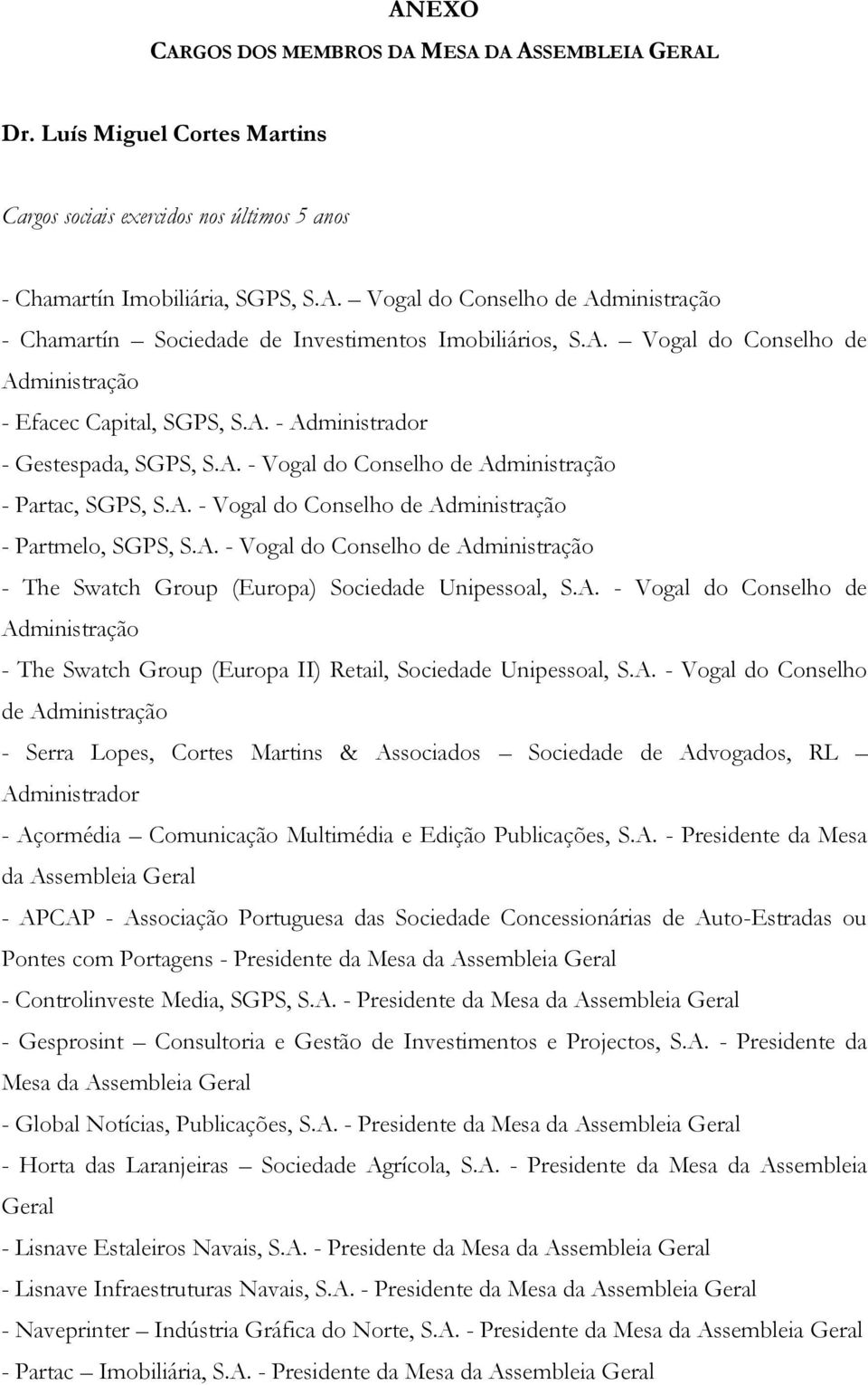 A. - Vogal do Conselho de Administração - The Swatch Group (Europa) Unipessoal, S.A. - Vogal do Conselho de Administração - The Swatch Group (Europa II) Retail, Unipessoal, S.A. - Vogal do Conselho de Administração - Serra Lopes, Cortes Martins & Associados de Advogados, RL Administrador - Açormédia Comunicação Multimédia e Edição Publicações, S.