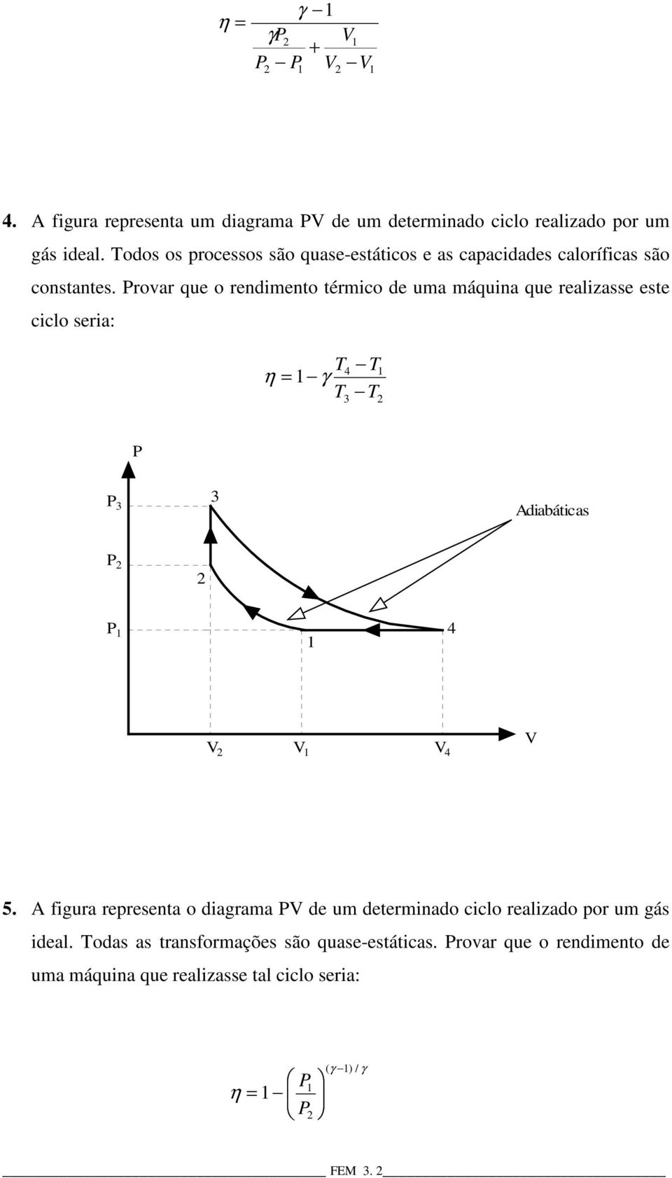 Provar que o rendimento térmico de uma máquina que realizasse este ciclo seria: T η = γ T 4 3 T T P P 3 3 Adiabáticas P P 4 4 5.