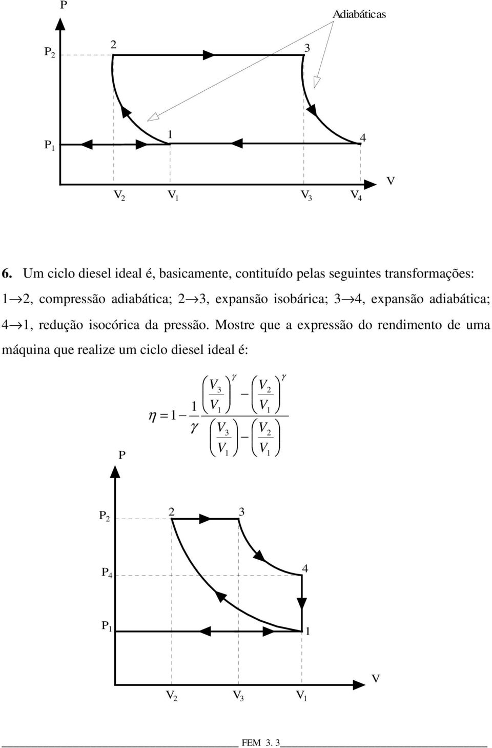 compressão adiabática; 3, expansão isobárica; 3 4, expansão adiabática; 4, redução