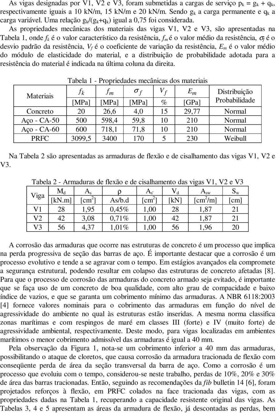 As propriedades mecânicas dos materiais das vigas V1, V2 e V3, são apresentadas na Tabela 1, onde f k é o valor característico da resistência, f m é o valor médio da resistência, σ f é o desvio