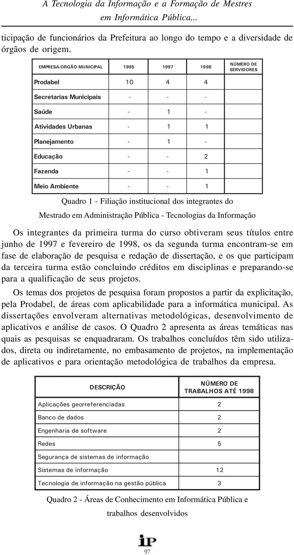 Ambiente - - 1 Quadro 1 - Filiação institucional dos integrantes do Mestrado em Administração Pública - Tecnologias da Informação Os integrantes da primeira turma do curso obtiveram seus títulos