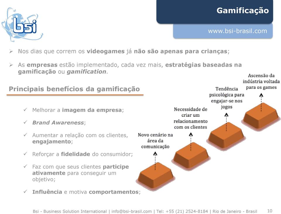 Principais benefícios da gamificação Melhorar a imagem da empresa; Brand Awareness; Aumentar a relação com os