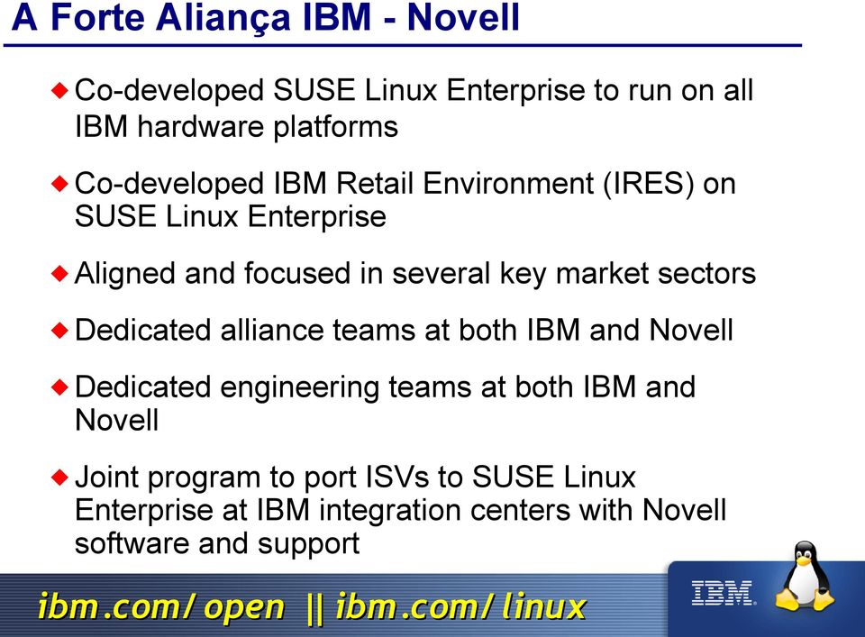 market sectors Dedicated alliance teams at both IBM and Novell Dedicated engineering teams at both IBM and