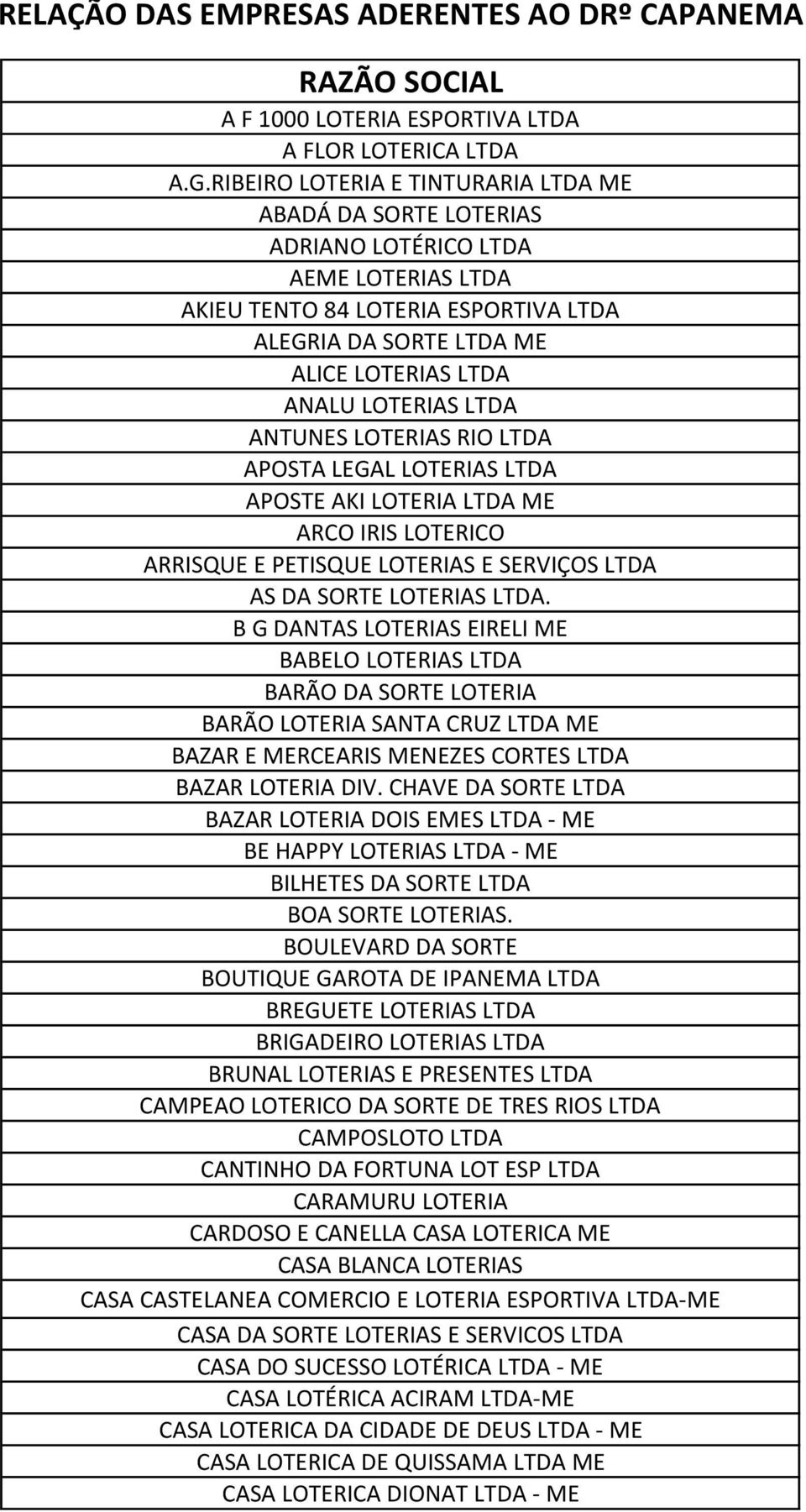 LTDA ANTUNES LOTERIAS RIO LTDA APOSTA LEGAL LOTERIAS LTDA APOSTE AKI LOTERIA LTDA ME ARCO IRIS LOTERICO ARRISQUE E PETISQUE LOTERIAS E SERVIÇOS LTDA AS DA SORTE LOTERIAS LTDA.