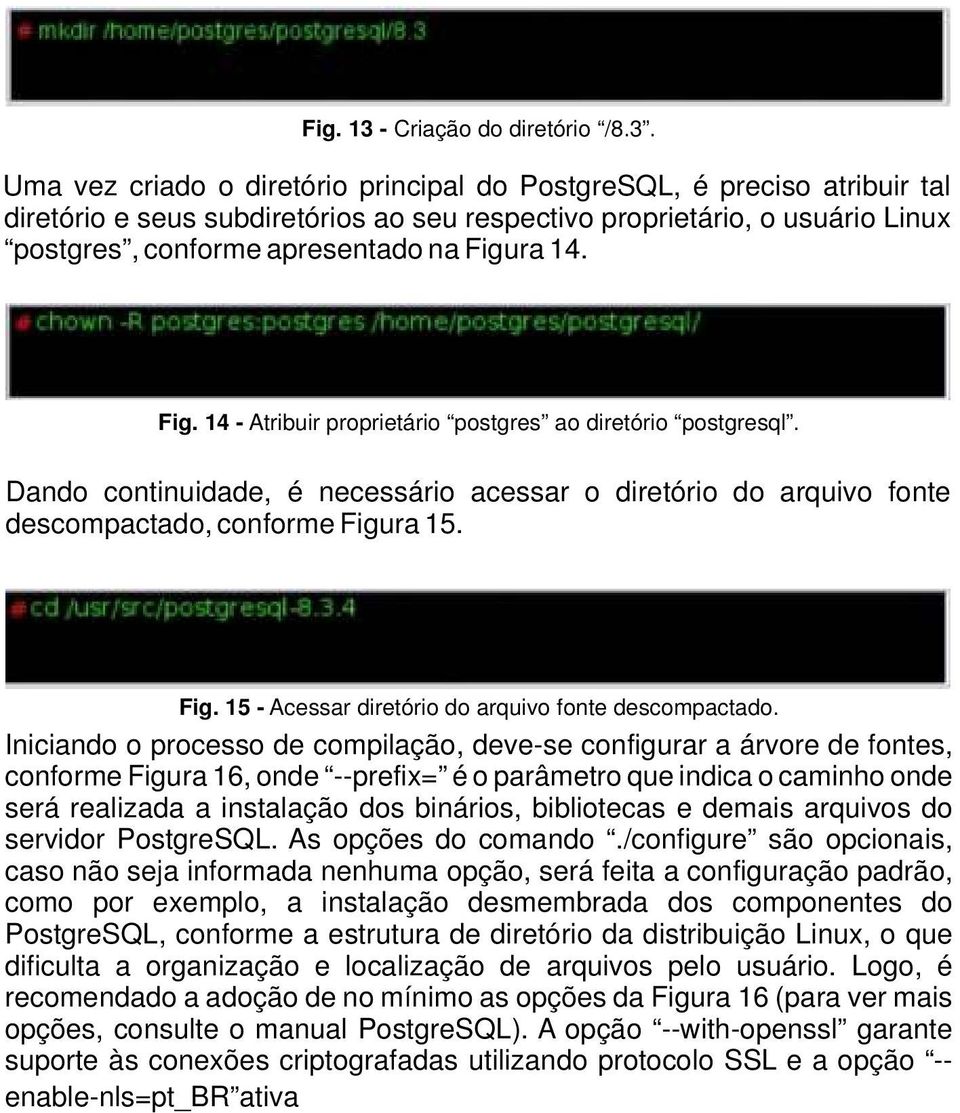 Uma vez criado o diretório principal do PostgreSQL, é preciso atribuir tal diretório e seus subdiretórios ao seu respectivo proprietário, o usuário Linux postgres, conforme apresentado na Figura 14.