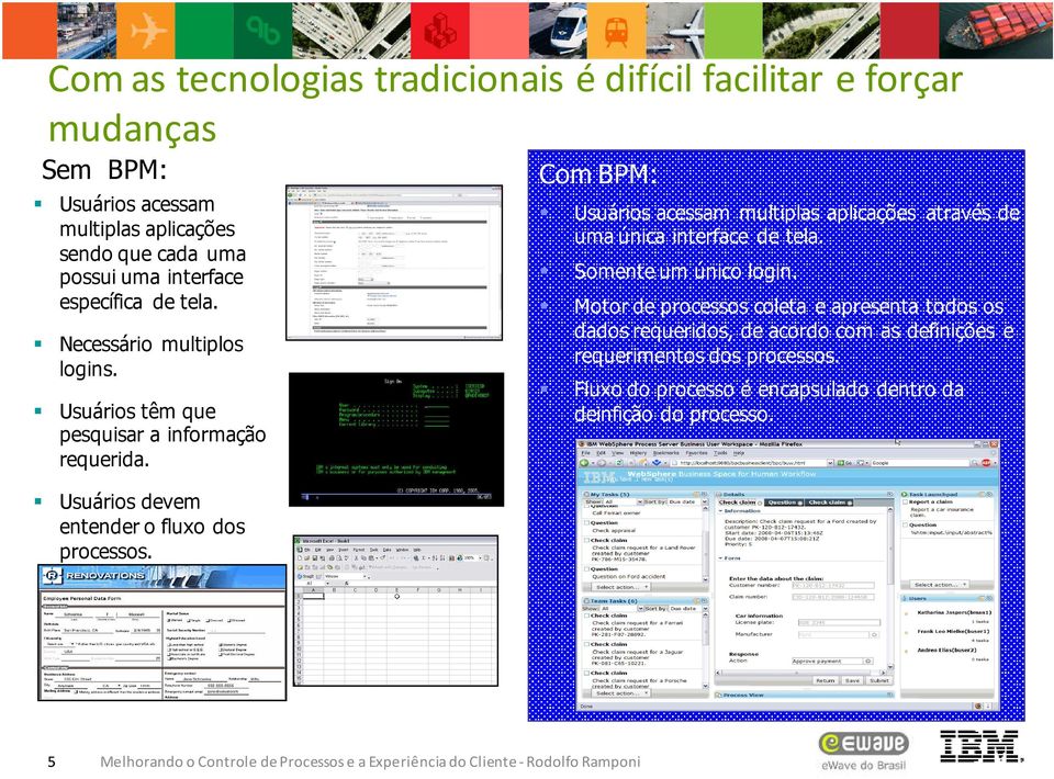 Com BPM: Usuários acessam multiplas aplicações através de uma única interface de tela. Somente um único login.