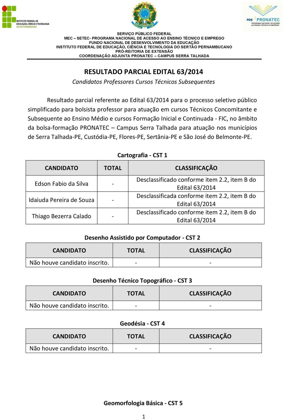 FIC, no âmbito da bolsaformação PRONATEC Campus Serra Talhada para atuação nos municípios de Serra TalhadaPE, CustódiaPE, FloresPE, SertâniaPE e São José do BelmontePE.