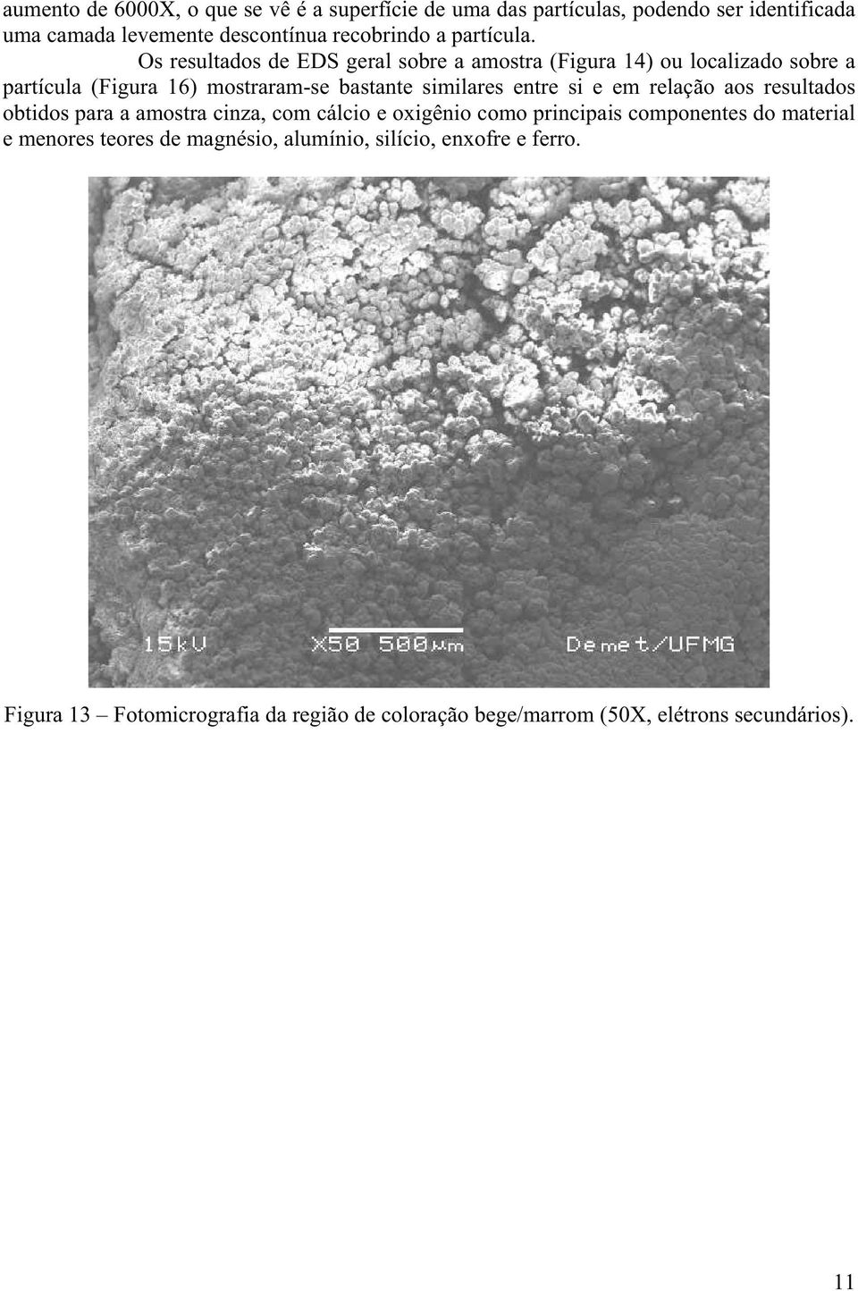 Os resultados de EDS geral sobre a amostra (Figura 14) ou localizado sobre a partícula (Figura 16) mostraram-se bastante similares entre si e