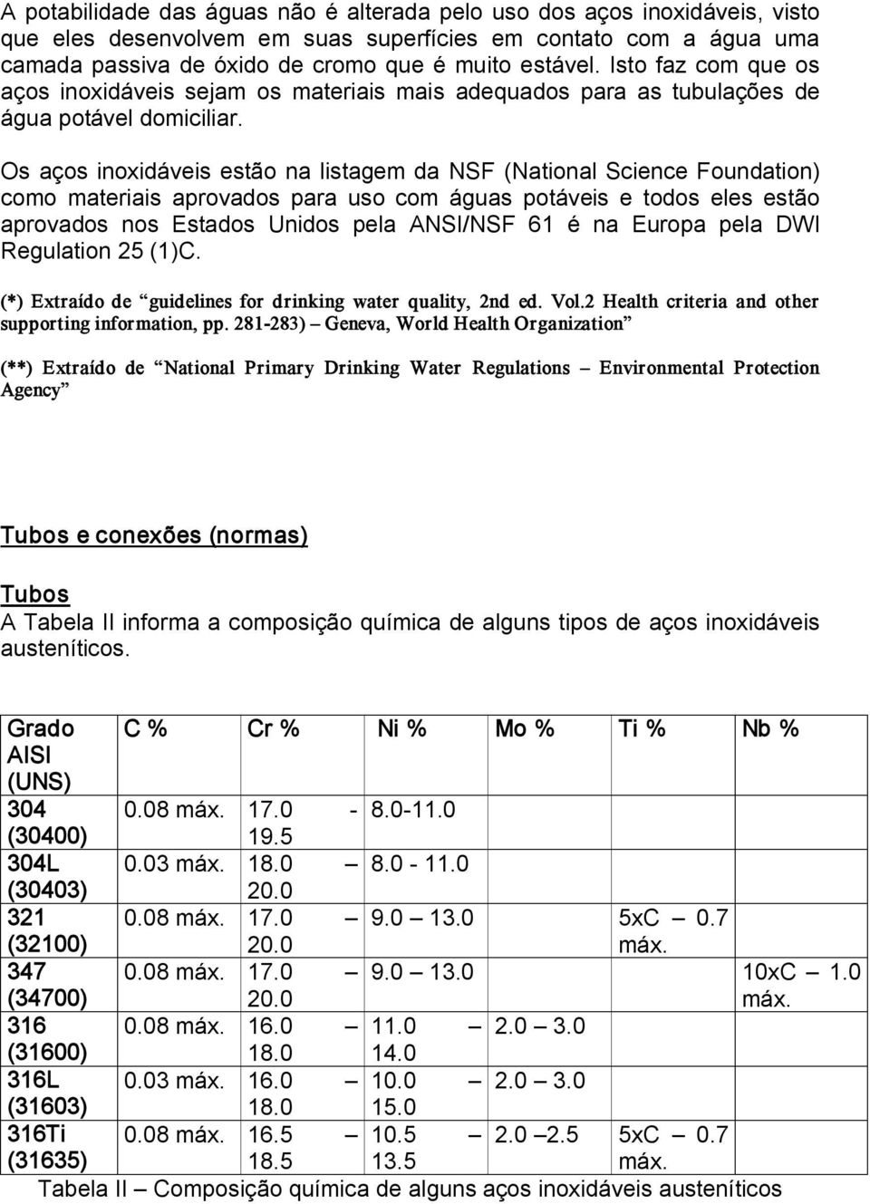 Os aços inoxidáveis estão na listagem da NSF (National Science Foundation) como materiais aprovados para uso com águas potáveis e todos eles estão aprovados nos Estados Unidos pela ANSI/NSF 61 é na