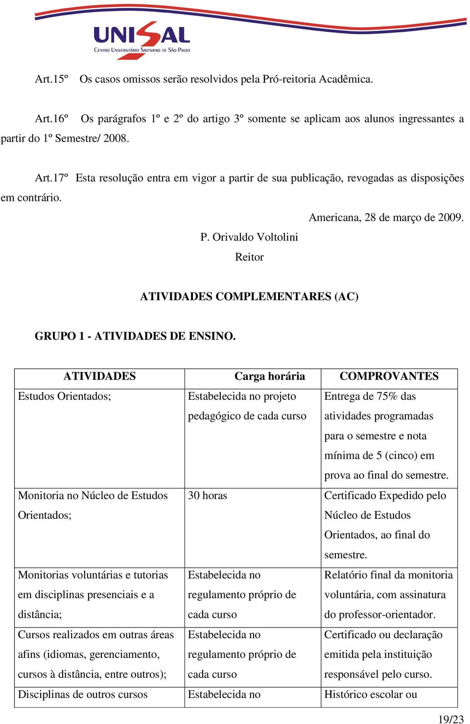 Orivaldo Voltolini Reitor ATIVIDADES COMPLEMENTARES (AC) GRUPO 1 - ATIVIDADES DE ENSINO.