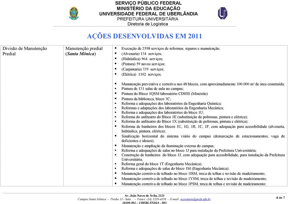 000 m² de área construída; Pintura de 131 salas de aula no campus; Pintura do Bloco 1QSM laboratório CDHIS (Mineirão) Pintura da biblioteca, bloco 3C; Reforma e adequações dos laboratórios da