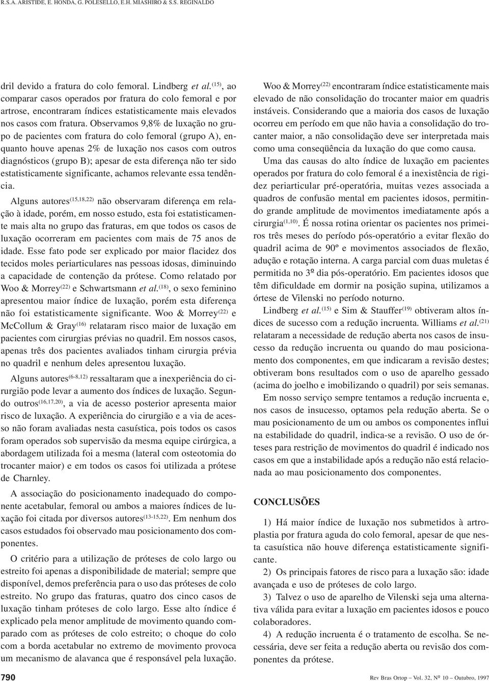 Observamos 9,8% de luxação no grupo de pacientes com fratura do colo femoral (grupo A), enquanto houve apenas 2% de luxação nos casos com outros diagnósticos (grupo B); apesar de esta diferença não