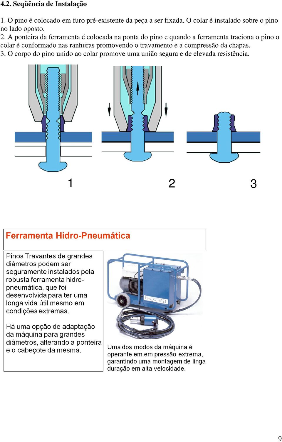 A ponteira da ferramenta é colocada na ponta do pino e quando a ferramenta traciona o pino o colar é