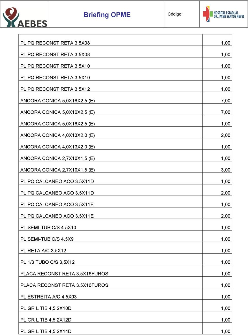 5X12 1,00 ANCORA CONICA 5,0X16X2,5 (E) 7,00 ANCORA CONICA 5,0X16X2,5 (E) 7,00 ANCORA CONICA 5,0X16X2,5 (E) 1,00 ANCORA CONICA 4,0X13X2,0 (E) 2,00 ANCORA CONICA 4,0X13X2,0 (E) 1,00 ANCORA CONICA