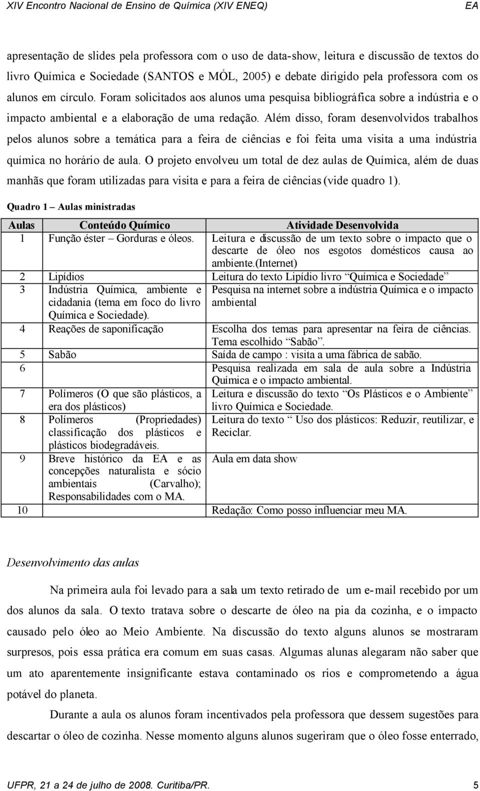 Além disso, foram desenvolvidos trabalhos pelos alunos sobre a temática para a feira de ciências e foi feita uma visita a uma indústria química no horário de aula.