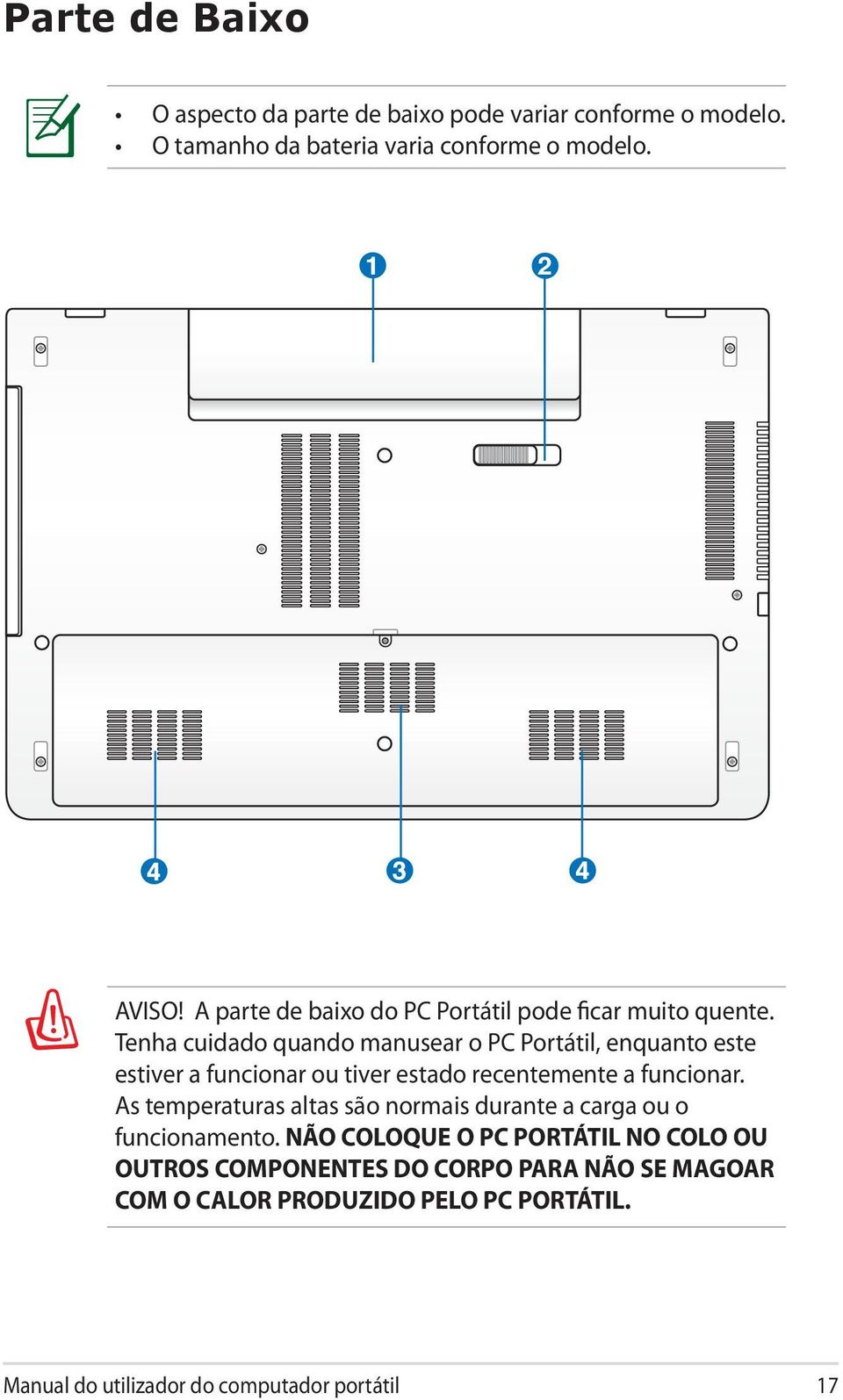 Tenha cuidado quando manusear o PC Portátil, enquanto este estiver a funcionar ou tiver estado recentemente a funcionar.