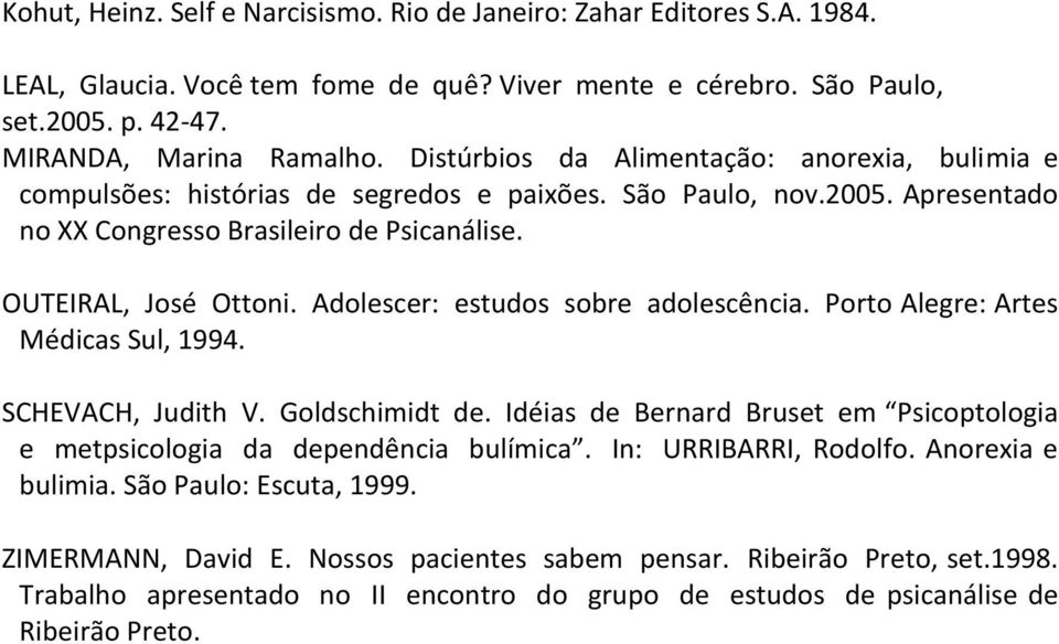 Adolescer: estudos sobre adolescência. Porto Alegre: Artes Médicas Sul, 1994. SCHEVACH, Judith V. Goldschimidt de. Idéias de Bernard Bruset em Psicoptologia e metpsicologia da dependência bulímica.