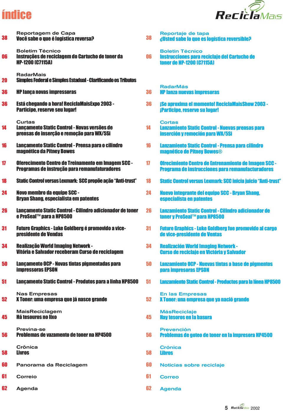 Federal e Simples Estadual - Clarificando os Tributos HP lança novas impressoras RadarMás HP lanza nuevas impresoras Está chegando a hora! ReciclaMaisExpo 2003 - Participe, reserve seu lugar!