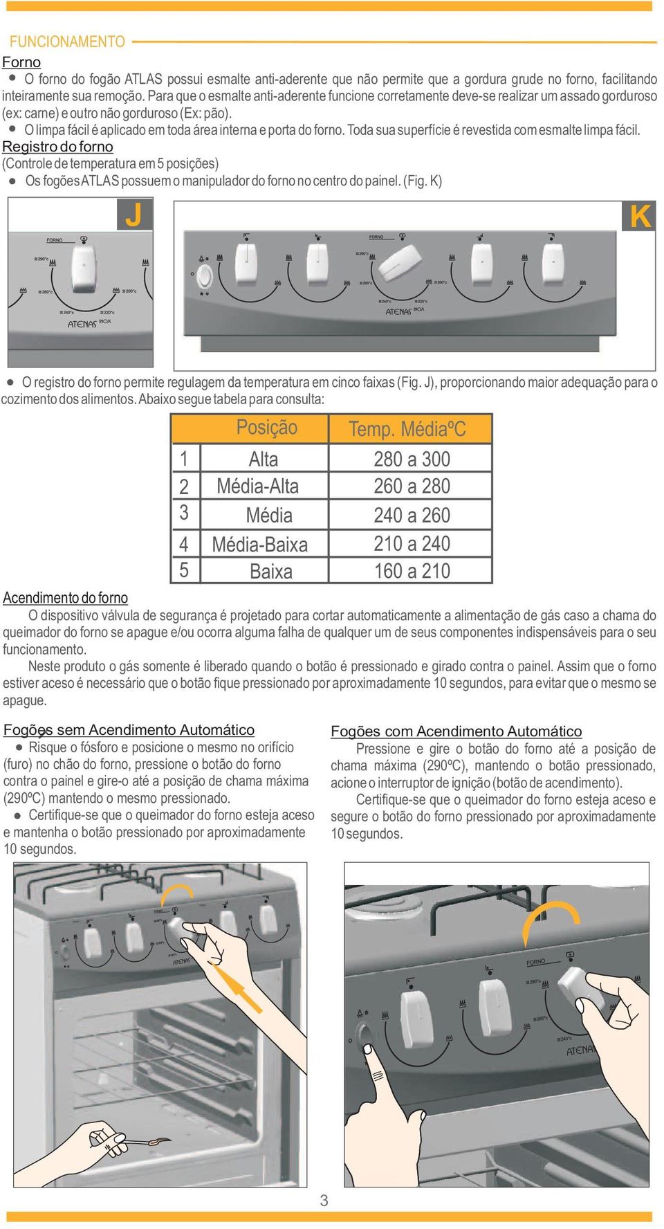 Toda sua superfície é revestida com esmalte limpa fácil. Registro do forno (Controle de temperatura em 5 posições) Os fogões ATLAS possuem o manipulador do forno no centro do painel. (Fig.