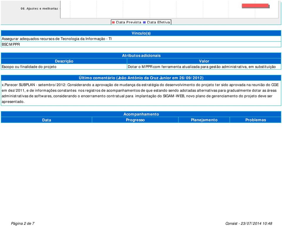 parecer SUBPLAN - setembro/2012: Considerando a aprovação de mudança da estratégia do desenvolvimento do projeto ter sido aprovada na reunião do CGE em dez/2011, e de informações constantes nos