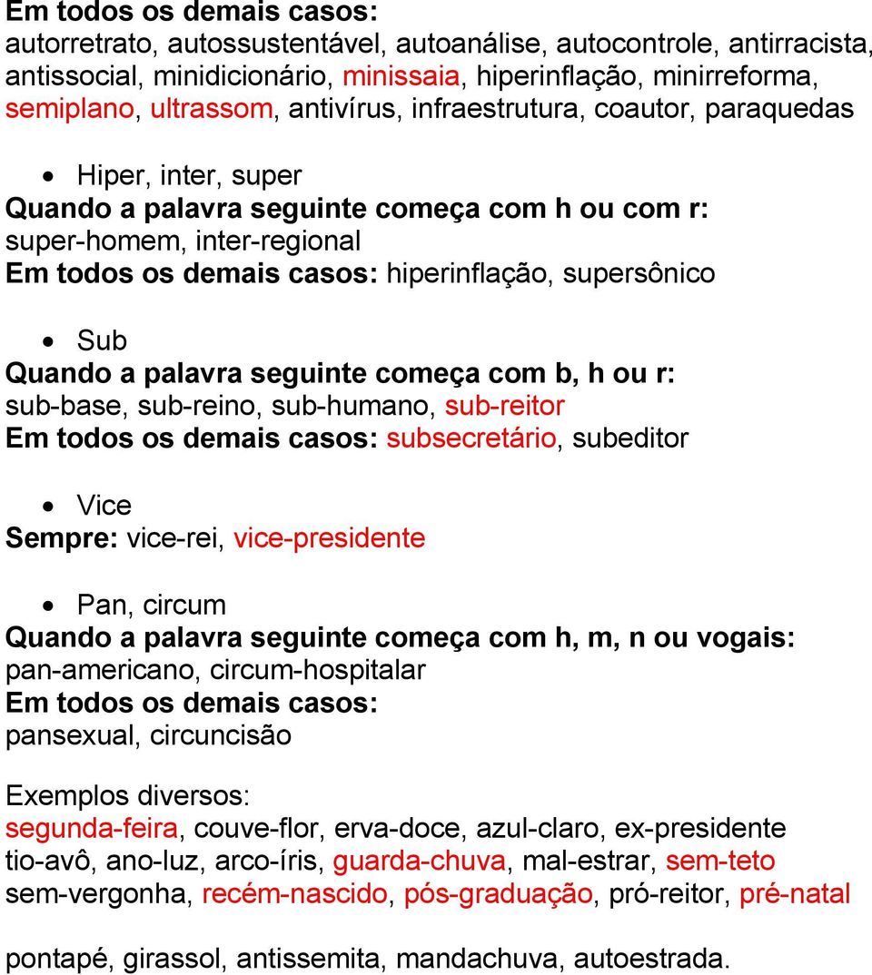 Sub Quando a palavra seguinte começa com b, h ou r: sub-base, sub-reino, sub-humano, sub-reitor Em todos os demais casos: subsecretário, subeditor Vice Sempre: vice-rei, vice-presidente Pan, circum